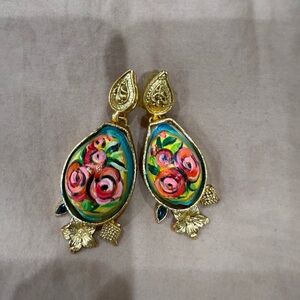 Statement Painted Floral Gold Earrings